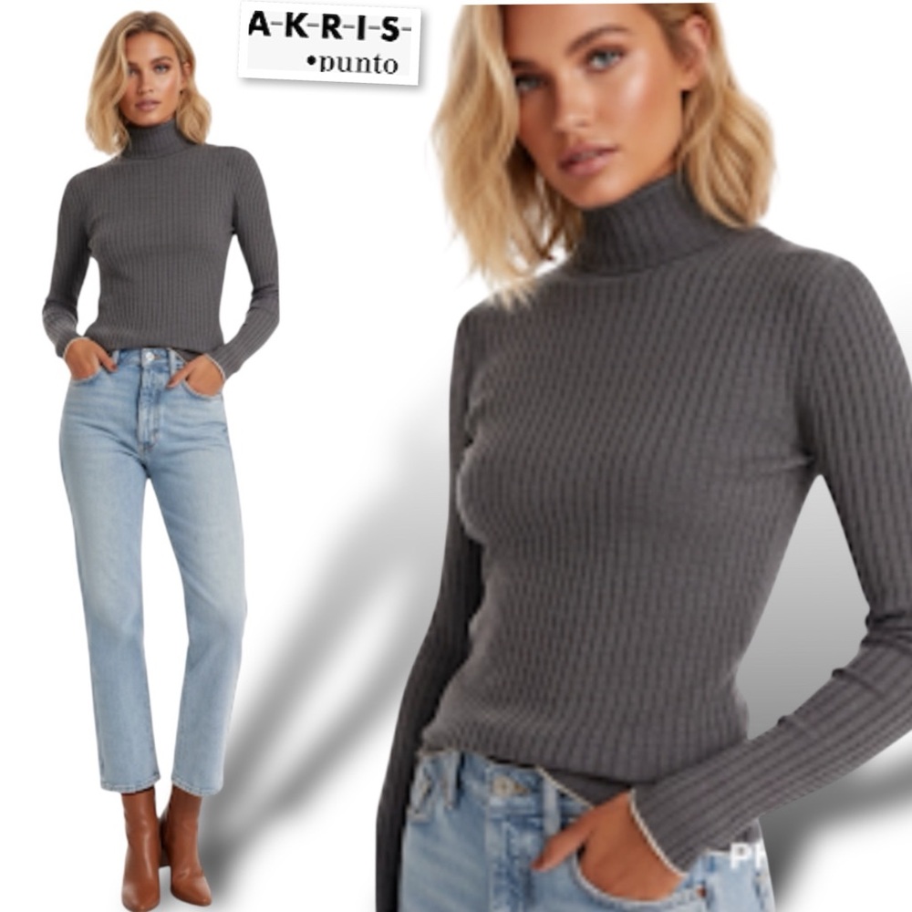 AKRIS Punto Charcoal Gray Wide Ribbed Turtleneck Sweater Pullover Sz. 12